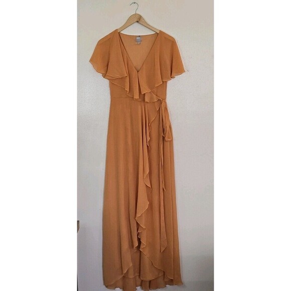 ASOS Formal Maxi Dress Womens Size 6 Faux Wrap Orange Flutter Sleeves Cape - Picture 1 of 11